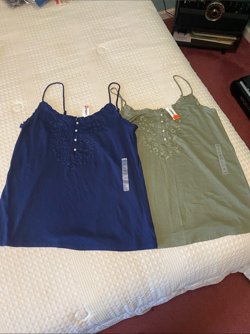 Old Navy Navy Blue and Olive Green Embroidered Cami Tank Tops